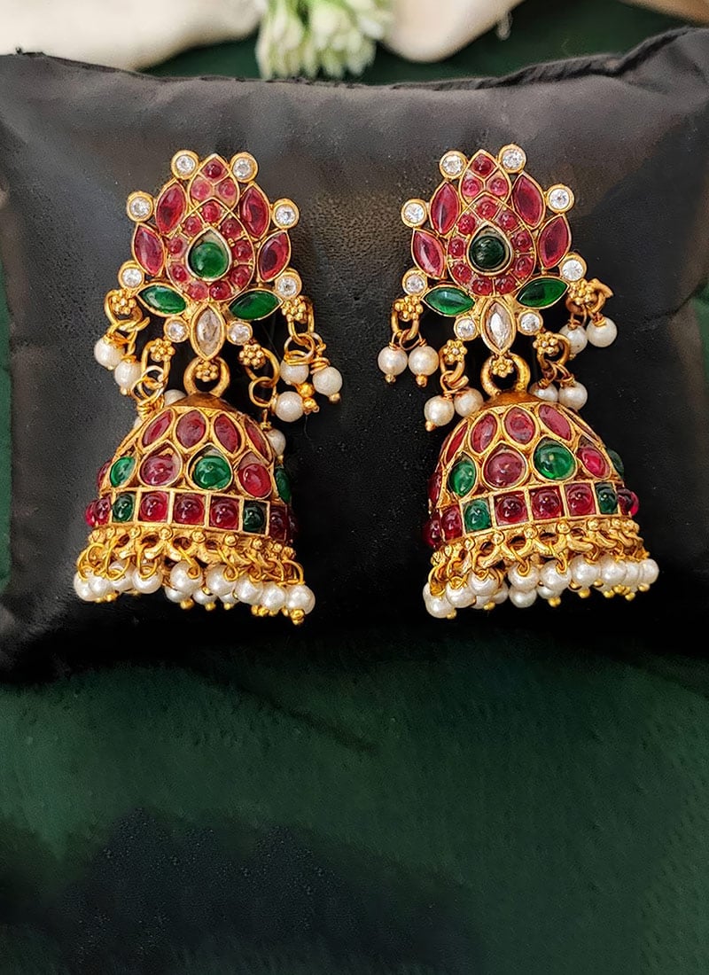 Exquisite Golden Beads Kundan Jhumka Festive Wear