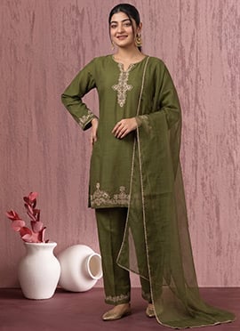 Exquisite Green Art Silk Zari Sequins Straight Pant Suit