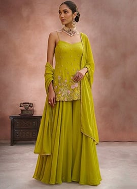 Exquisite Green Faux Georgette Zari Resham Sequins Palazzo Suit