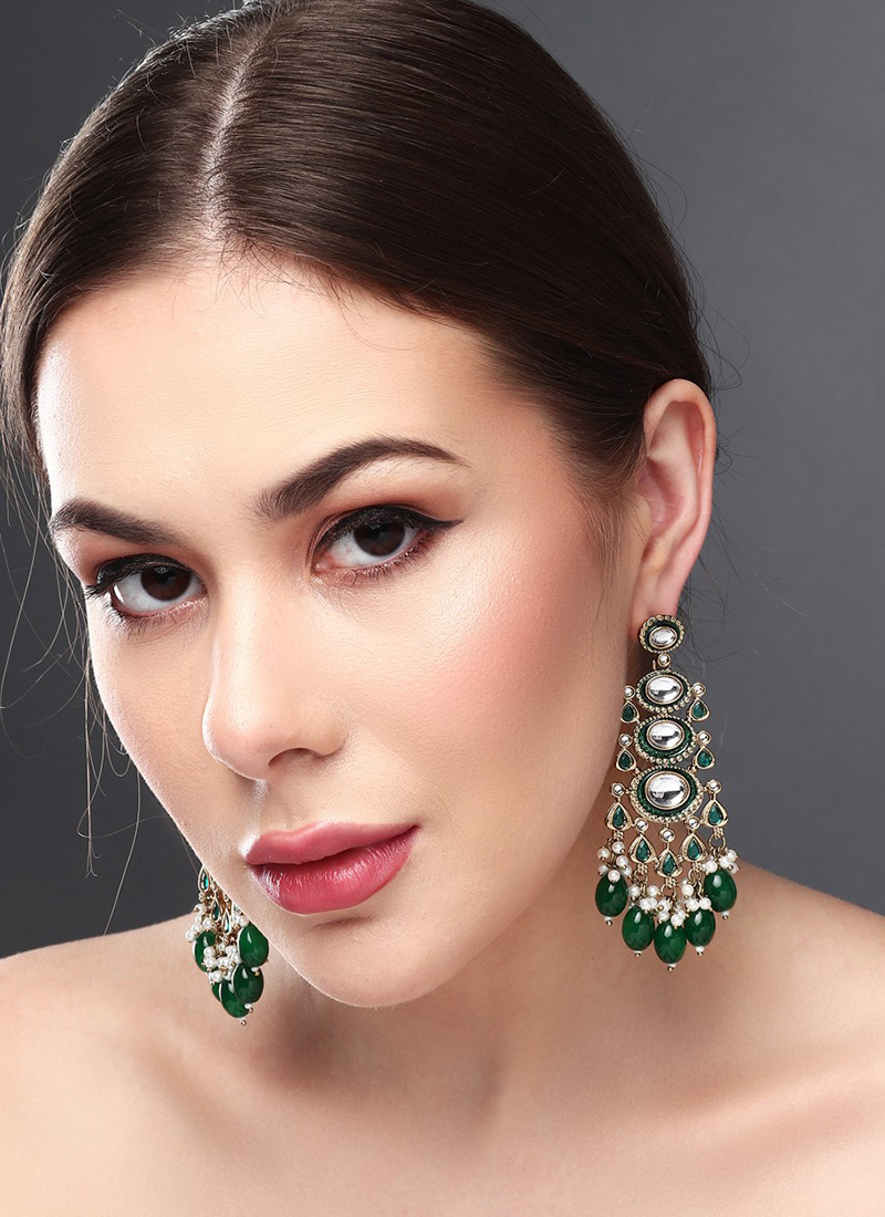 Exquisite Green Kundan Pearl Meenakari Dangler After Six Wear