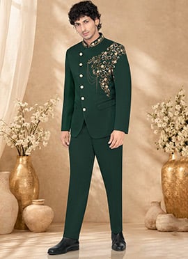 Exquisite Green Rayon Hand Embroidered  Bandhgala Suit
