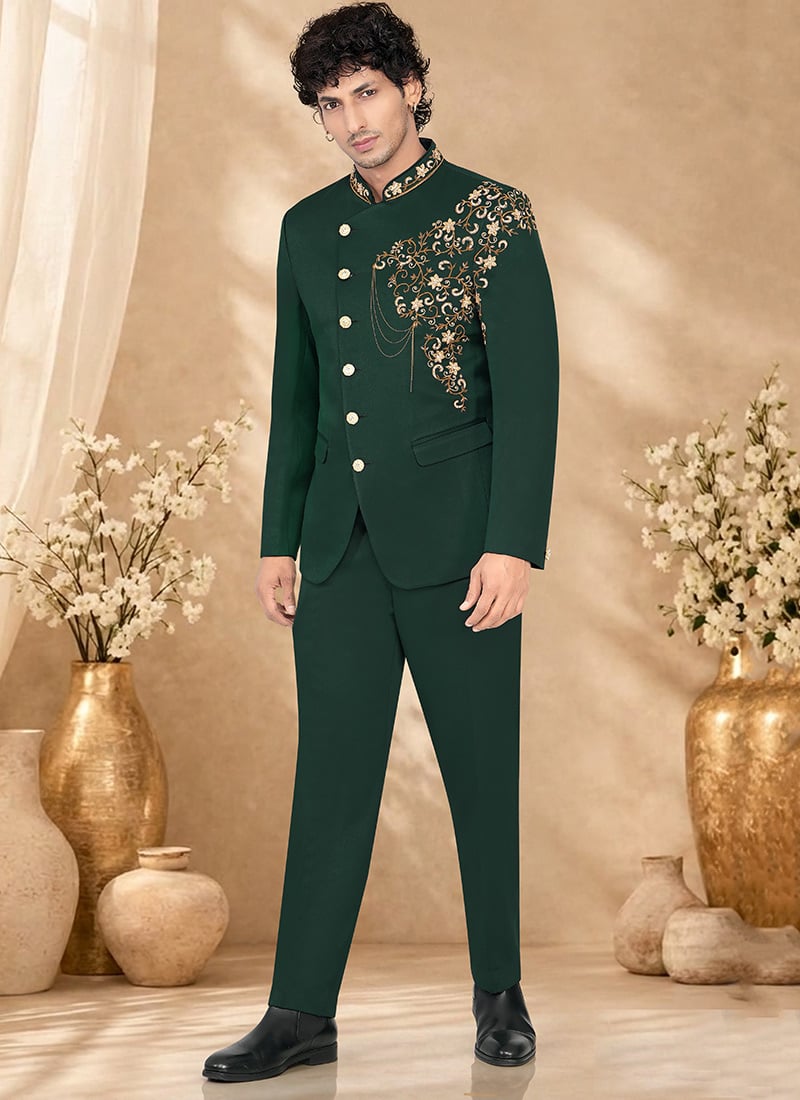 Exquisite Green Rayon Hand Embroidered Bandhgala Suit Wedding Wear