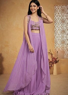 Exquisite Lavender Faux Georgette Zari Stones Beads Sequins Indo Western Set