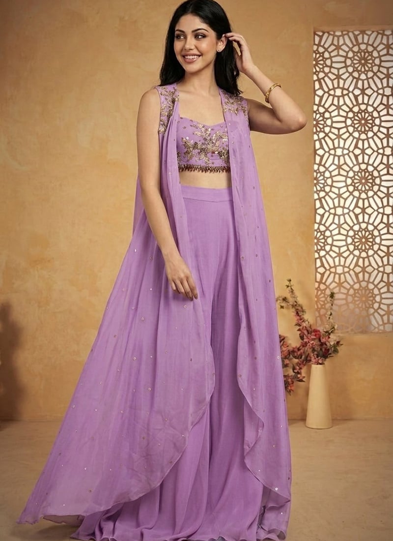 Exquisite Lavender Faux Georgette Zari Stones Beads Sequins Indo Western Set Wedding Wear