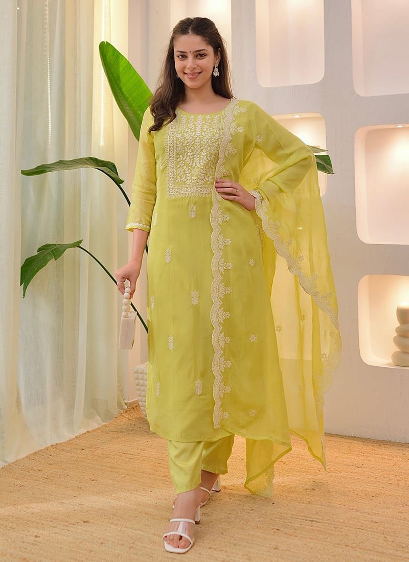 Exquisite Lemon Chanderi Chikankari Straight Pant Suit After Six Wear