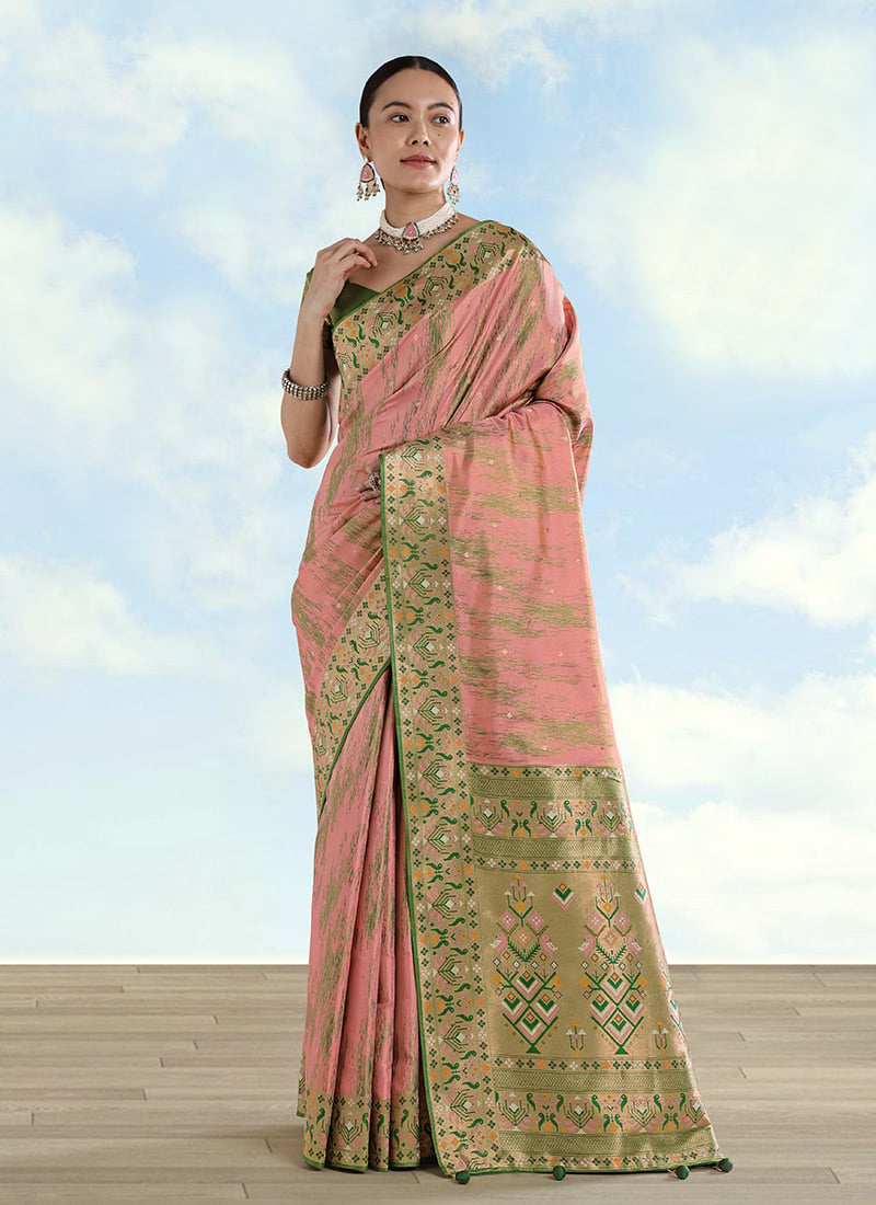 Exquisite Light Pink Banarasi Tissue Silk Zari Woven Paithani Saree Festive Wear