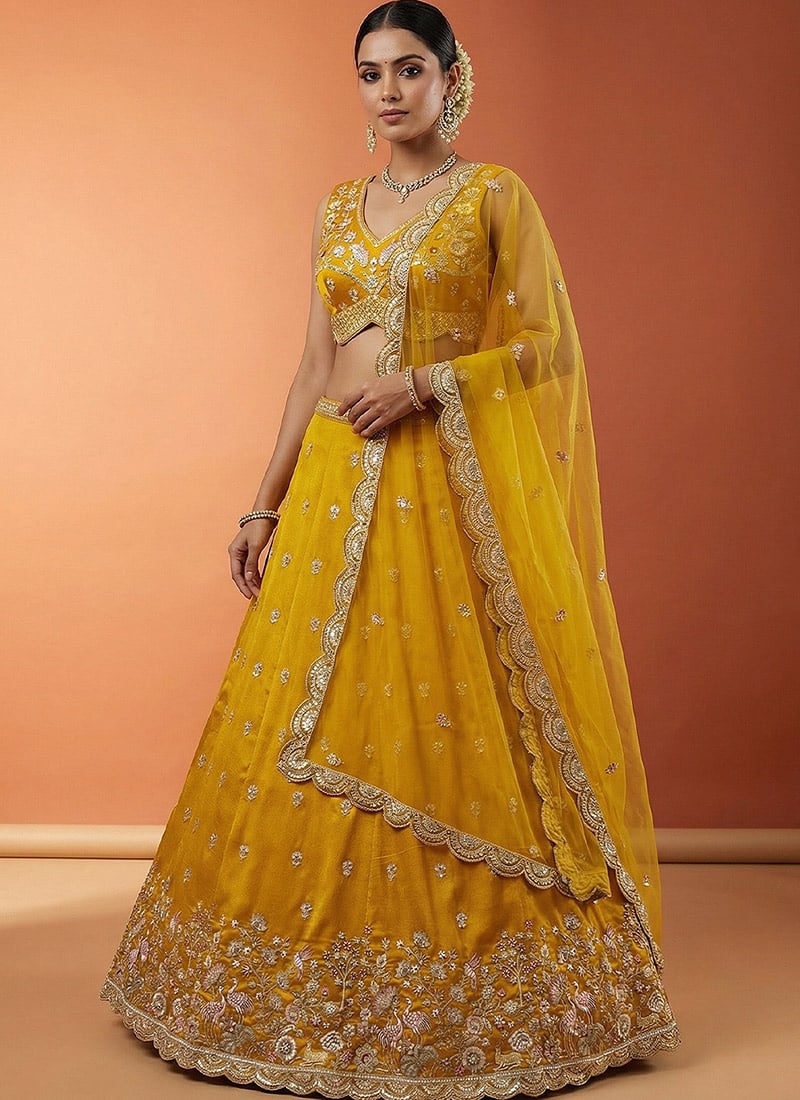 Exquisite Mustard Chinnon Silk Embroidered Umbrella Lehenga Wedding Wear