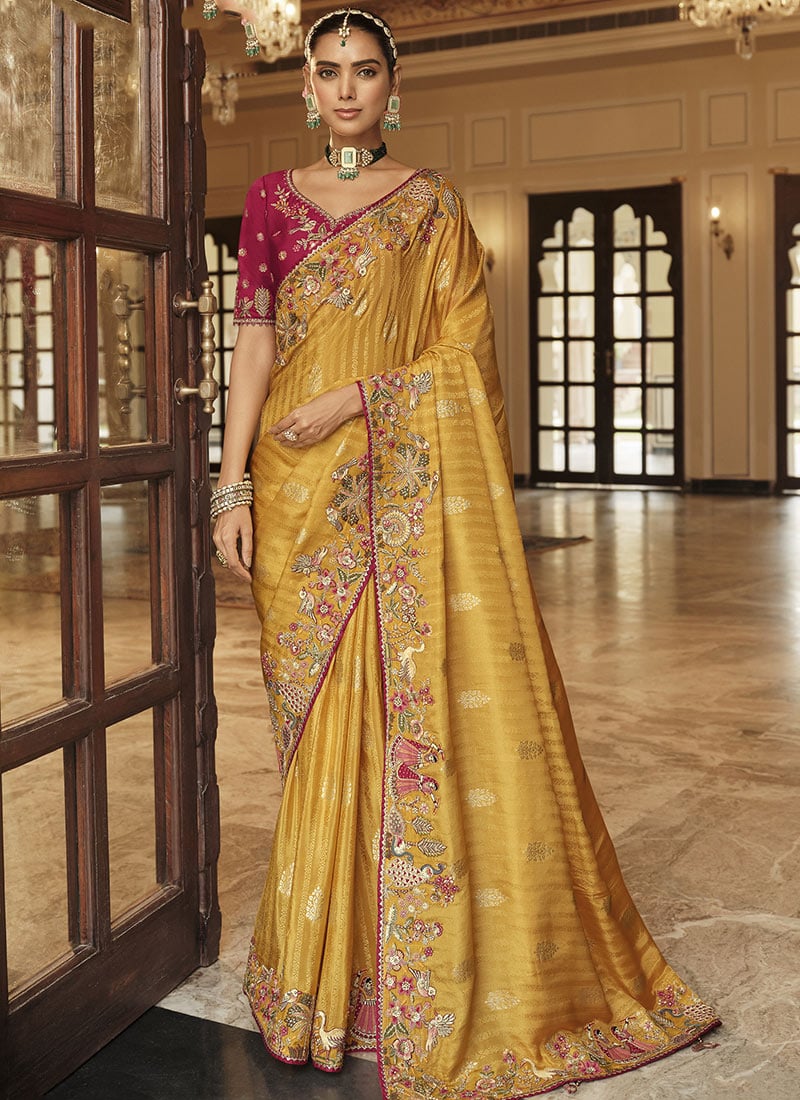 Exquisite Mustard Soft Silk Zari Weaving Heavy Thread Embroidery Khatli Work Saree Wedding Wear