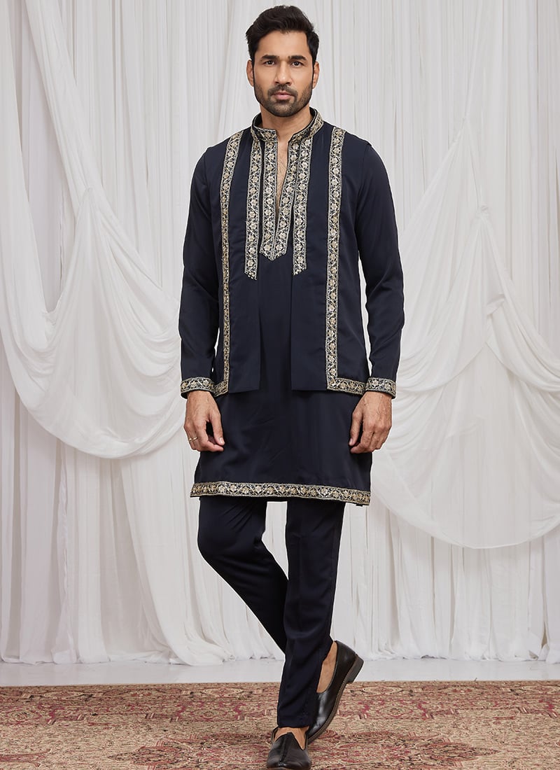 Exquisite Navy Blue Armani Hand Embroidered Lace Bandi Set Wedding Wear