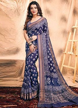 Exquisite Navy Blue Chanderi Silk Batik Print Saree
