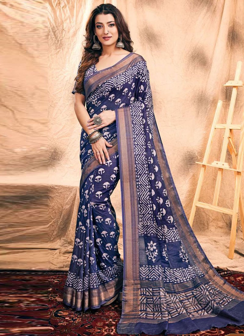 Exquisite Navy Blue Chanderi Silk Batik Print Saree After Six Wear