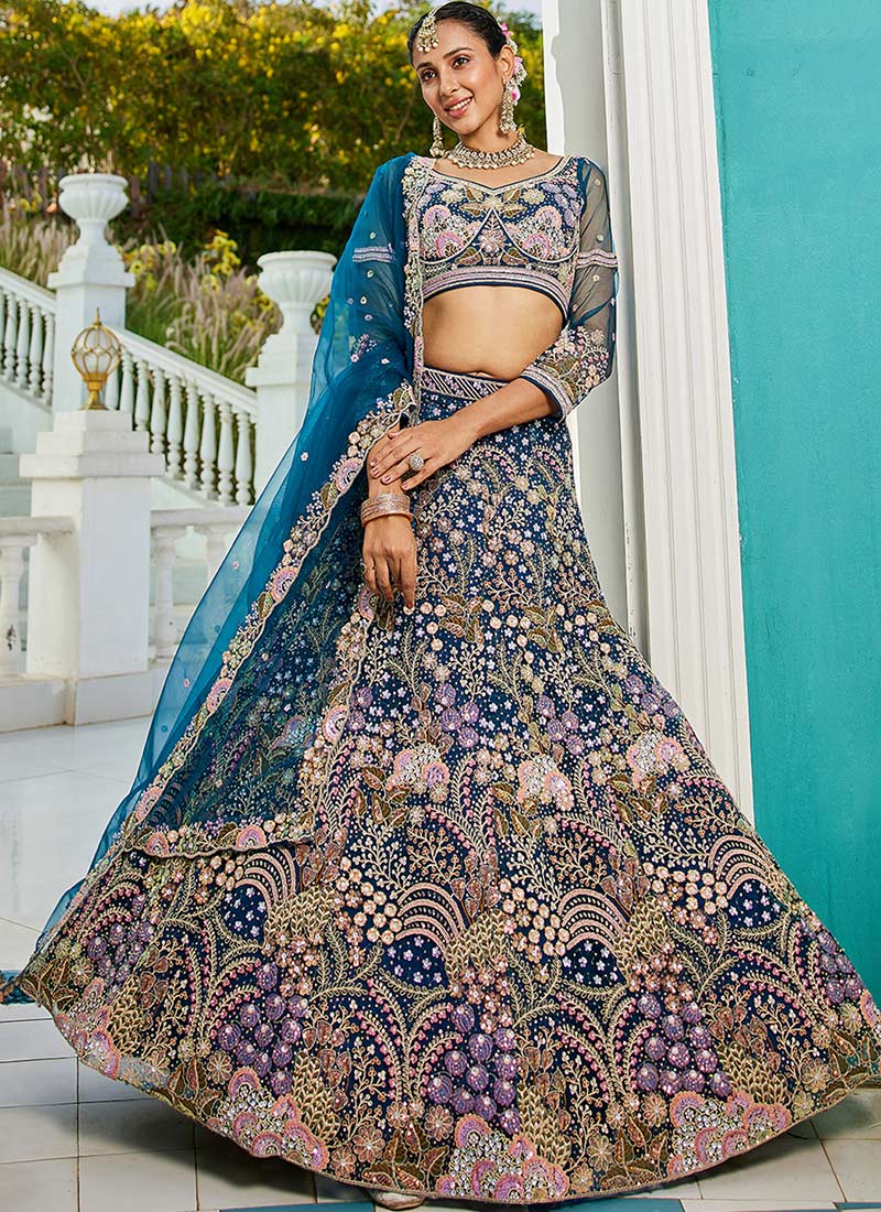 Exquisite Navy Blue Net Zarkan Embroidered Lehenga With Stone And Sequin Work Wedding Wear-GHSPC6147NVB