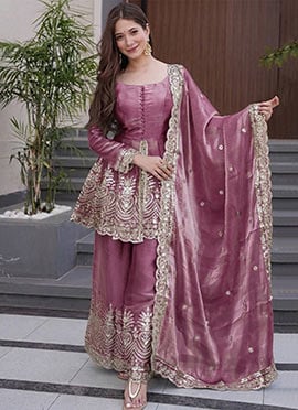 Exquisite Onion Pink Fandy Silk Heavy Thread Embroidery Work Sharara Suit