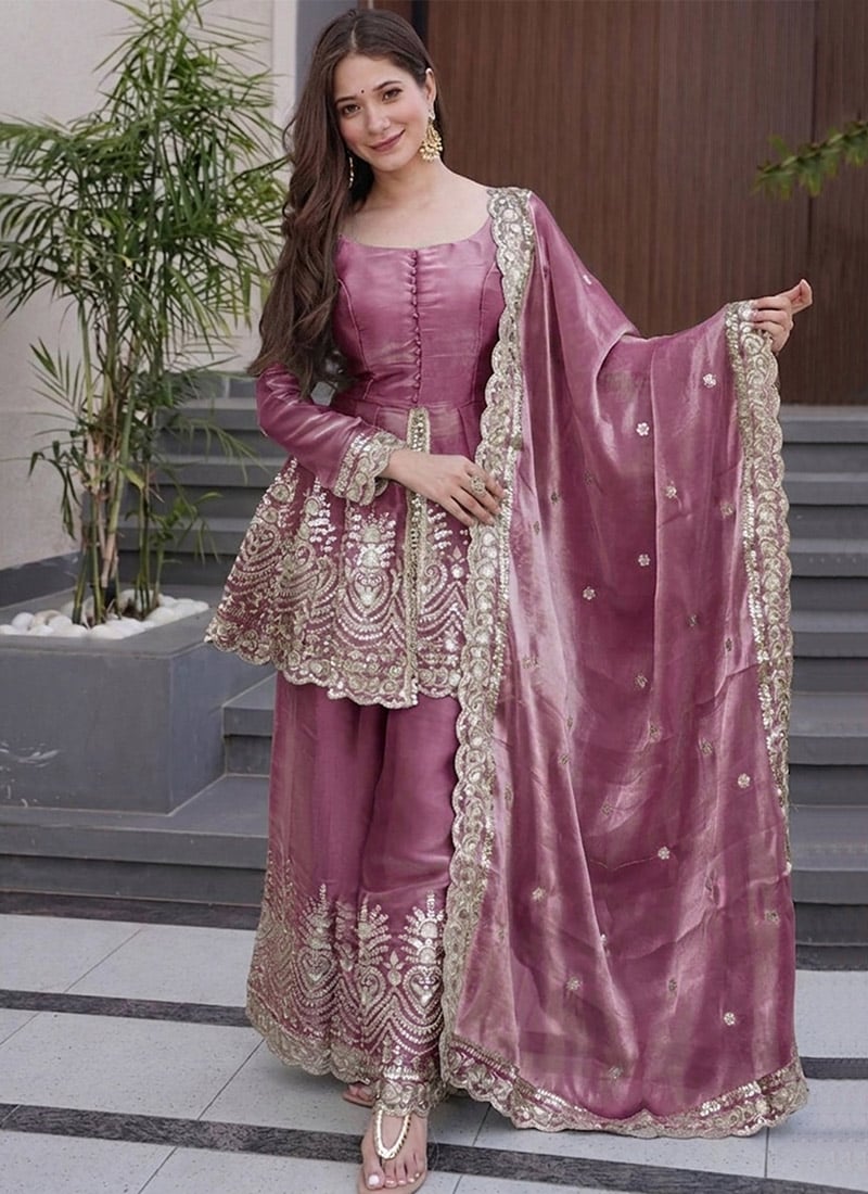 Exquisite Onion Pink Fandy Silk Heavy Thread Embroidery Work Sharara Suit After Six Wear