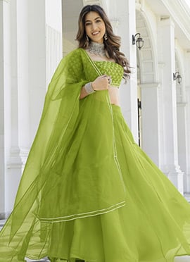 Exquisite Parrot Green Organza Embroidered Lehenga