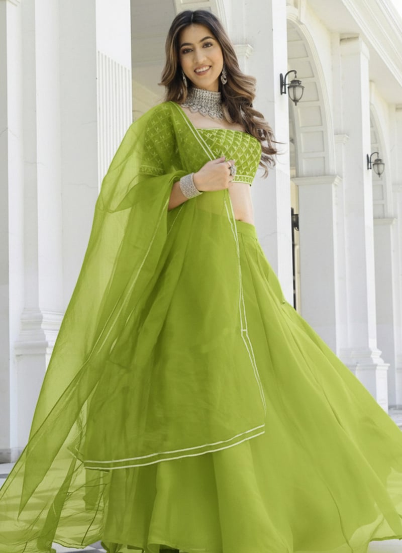 Exquisite Parrot Green Organza Embroidered Lehenga After Six Wear