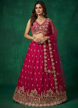 Exquisite Pink Chinnon Embroidered Umbrella Lehenga