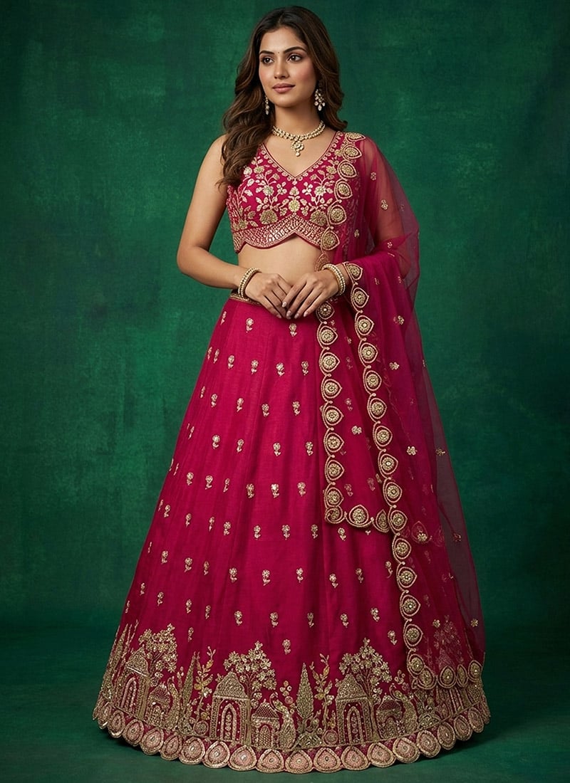 Exquisite Pink Chinnon Embroidered Umbrella Lehenga Wedding Wear