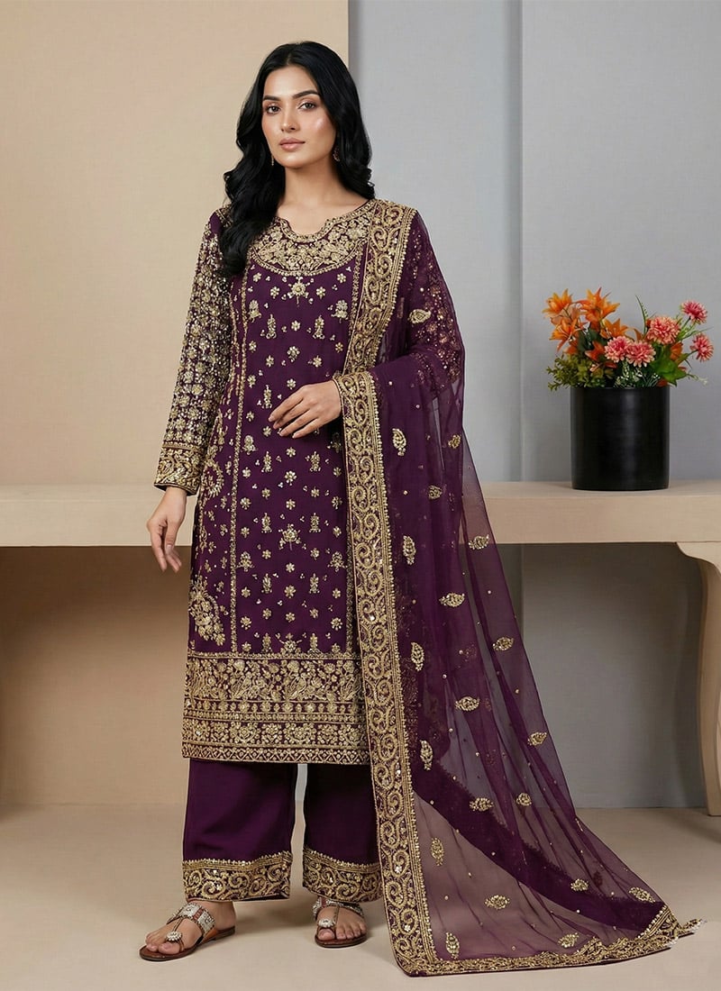 Exquisite Purple Faux Georgette Embroidered Sequins Palazzo Suit Festive Wear