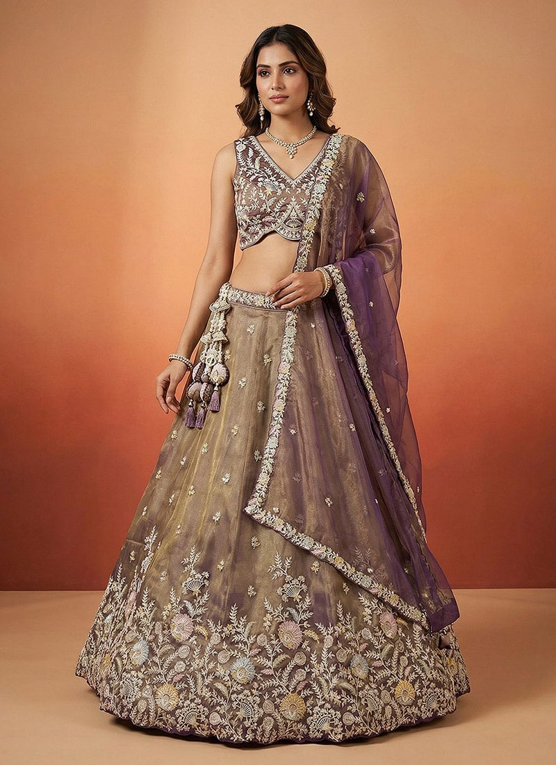 Exquisite Purple Tissue Embroidered Umbrella Lehenga Wedding Wear