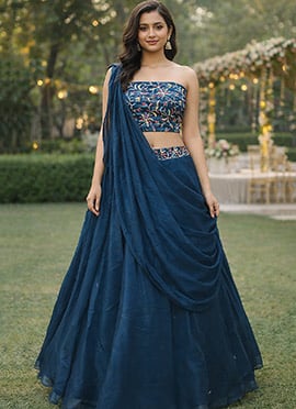 Exquisite Rama Rangoli Silk Multicolor Floral Embroidery With Thread Work Umbrella Lehenga