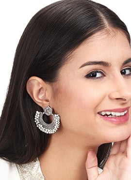 Exquisite Silver Oxidised Chandbali with Beaded Edge