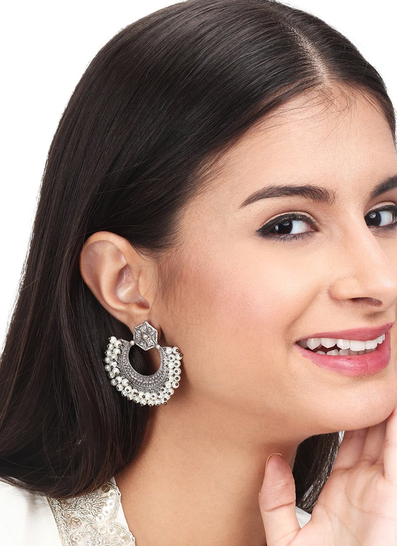 Exquisite Silver Oxidised Chandbali with Beaded Edge Festive Wear