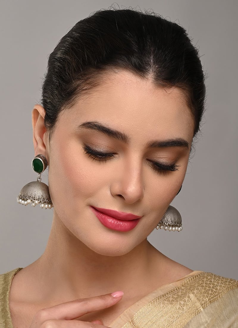 Exquisite Silver Pearl Stone Jhumka After Six Wear