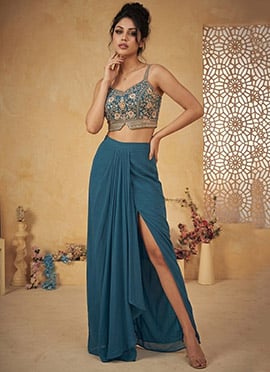 Exquisite Teal Faux Georgette Beads Resham Sequins Indowestern Set And Suit
