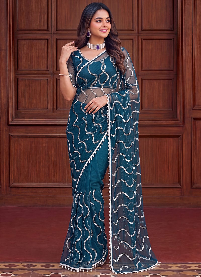 Exquisite Teal Net Sequins Saree After Six Wear