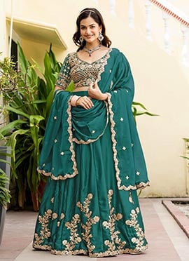 Exquisite Teal Rangoli Silk Embroidered Sequins Umbrella Lehenga