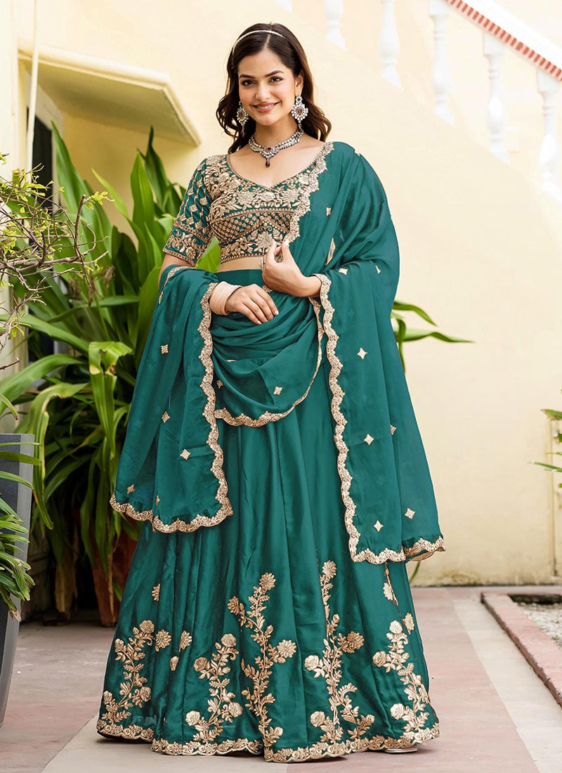 Exquisite Teal Rangoli Silk Embroidered Sequins Umbrella Lehenga After Six Wear