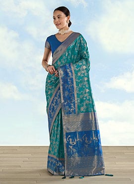 Exquisite Turquoise Banarasi Silk Zari Woven Saree