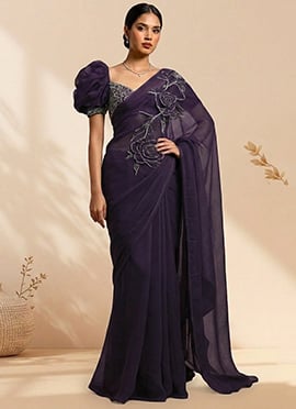 Exquisite Violet Faux Georgette Sequins Hand Embroidered Saree