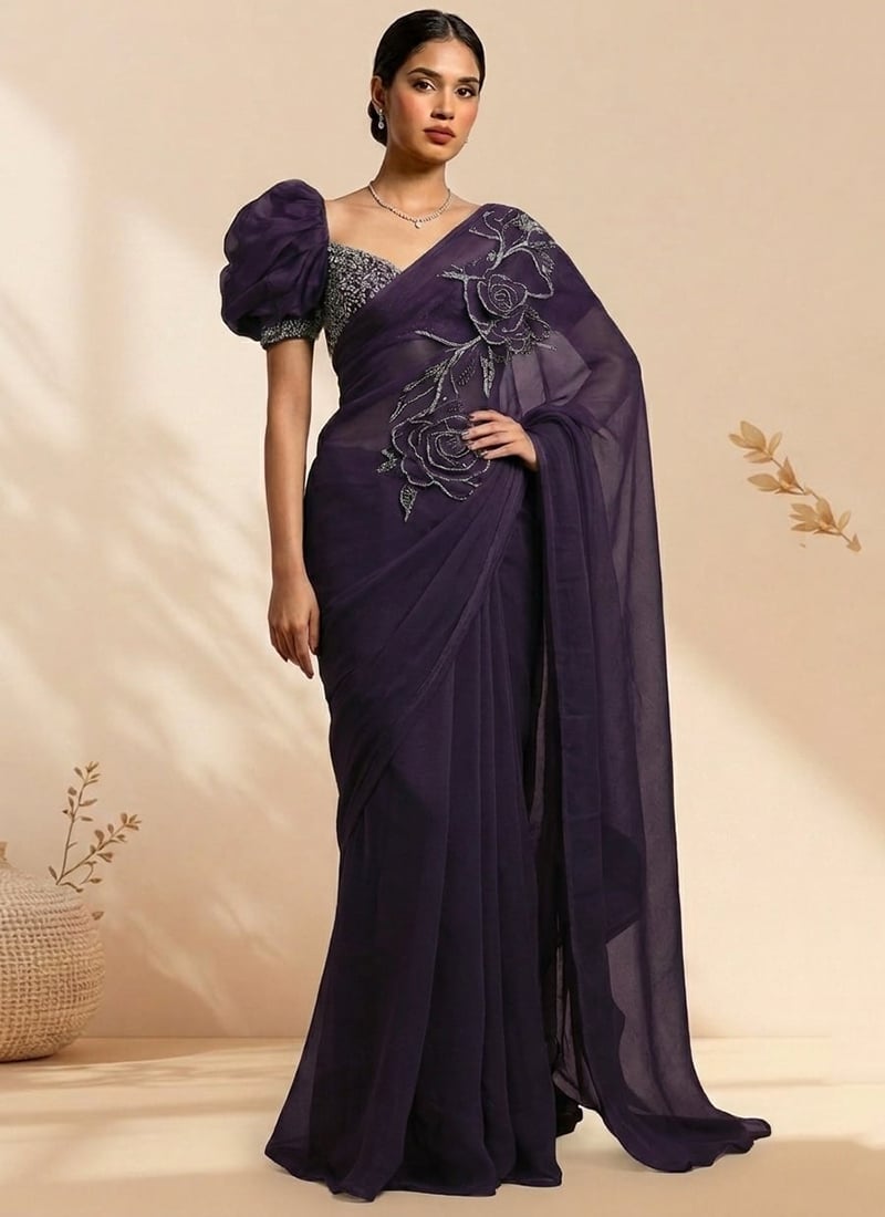 Exquisite Violet Faux Georgette Sequins Hand Embroidered Saree Wedding Wear