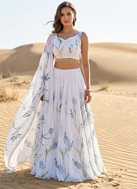 Exquisite White Georgette Hand Painted Floral Print Kodi Work Umbrella Lehenga