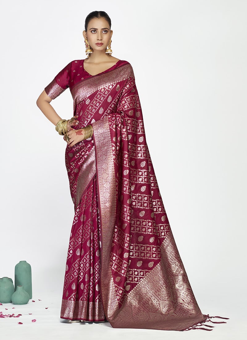 Exquisite Wine Banarasi Silk Zari Woven Saree Festive Wear