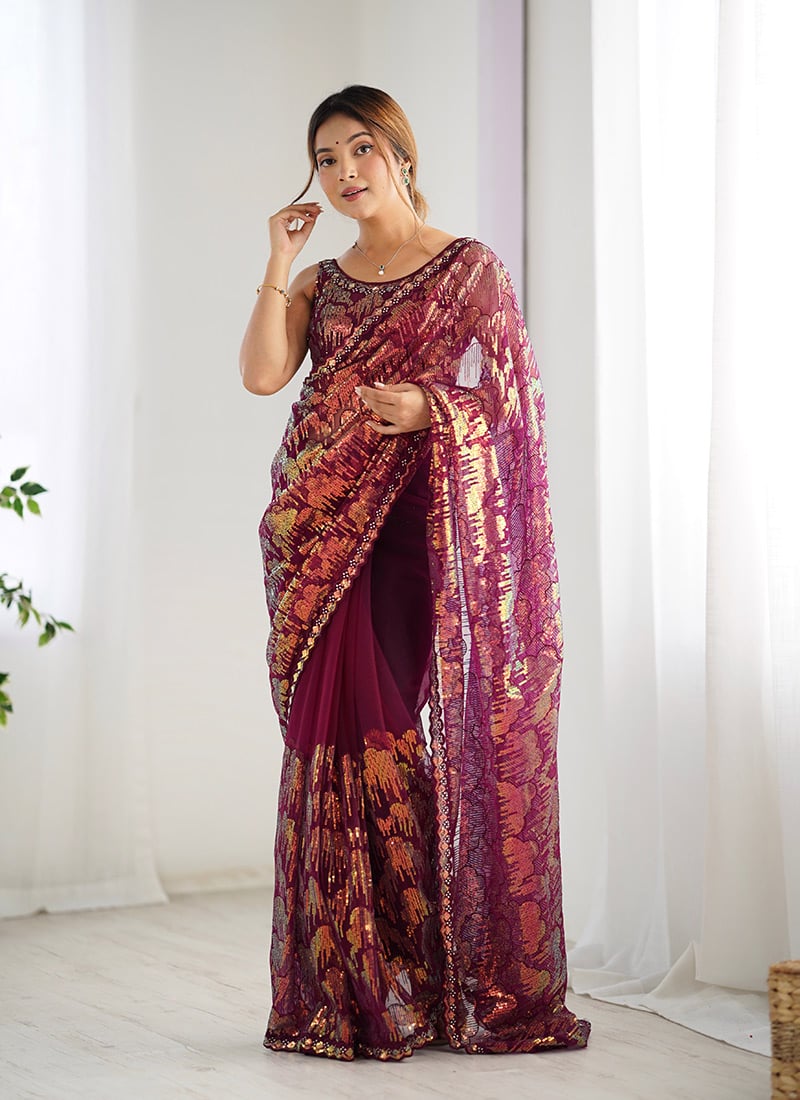 Exquisite Wine Net Embroidered Sequins Saree Festive Wear