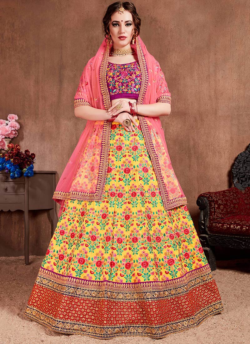 Exquisite Yellow Mulberry Silk Lehenga Adorned With Embroidered Sequins And Stone Work Wedding Wear