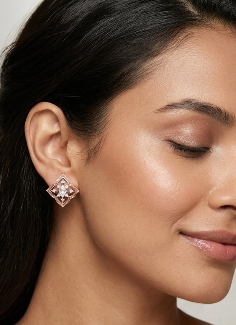 Eye Catching Rose Gold 925 Sterling Silver Moissanite Stone Stud Earrings Wedding Wear