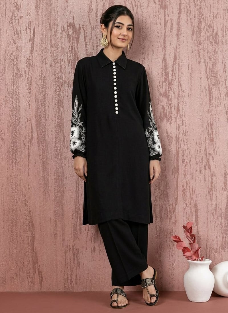 Fashionable Black Satin Blend Embroidered Resham Palazzo Suit After Six Wear
