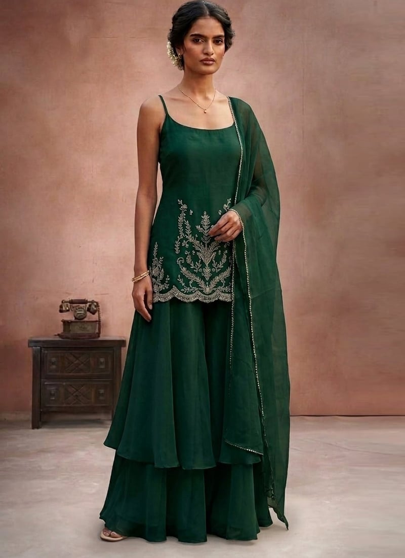 Fashionable Green Organza Zari Hand Embroidered Palazzo Suit Festive Wear