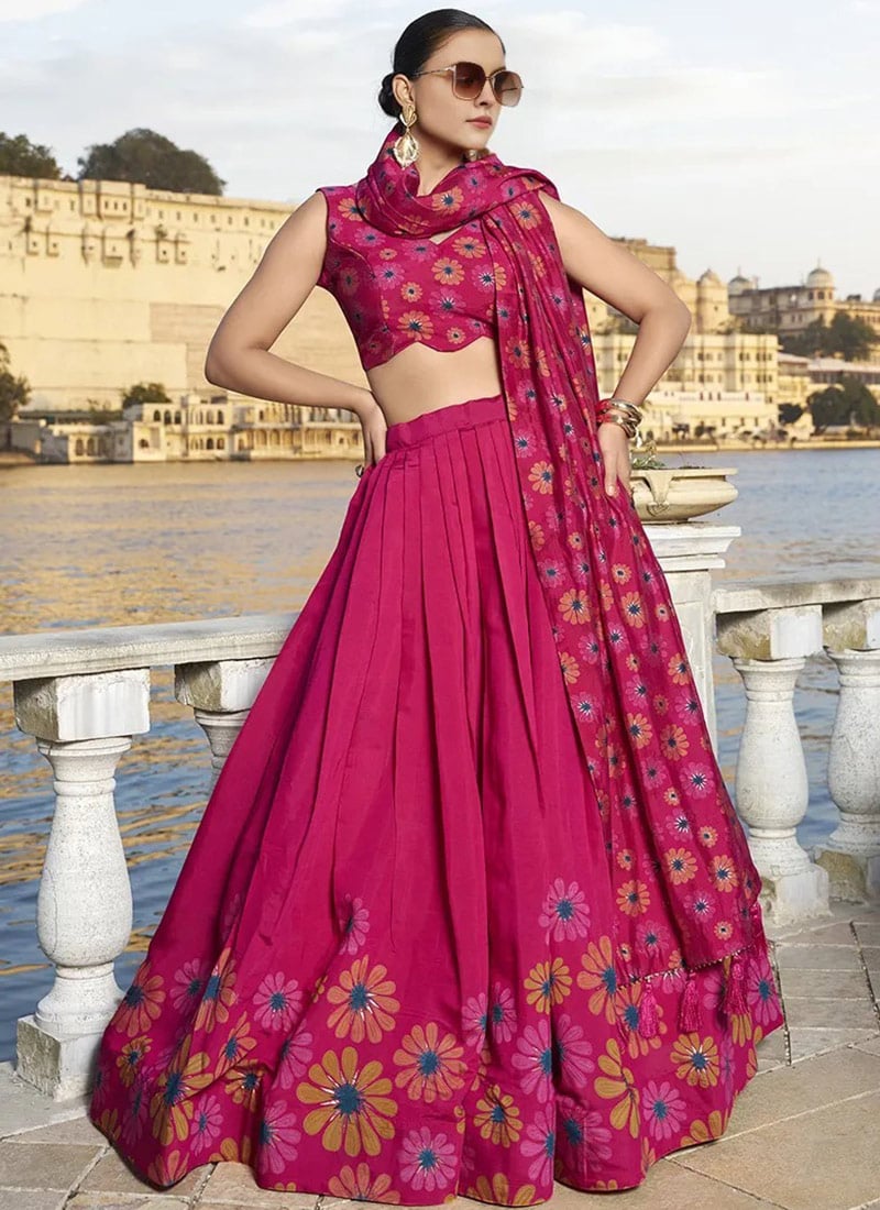 Fashionable Pink Chinnon Printed Work Umbrella Lehenga After Six Wear