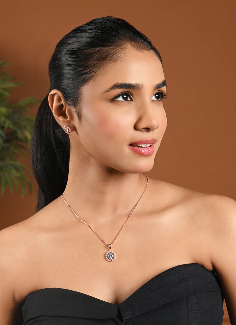 Fashionable Rose Gold American Diamond Stone Pendant Set Festive Wear