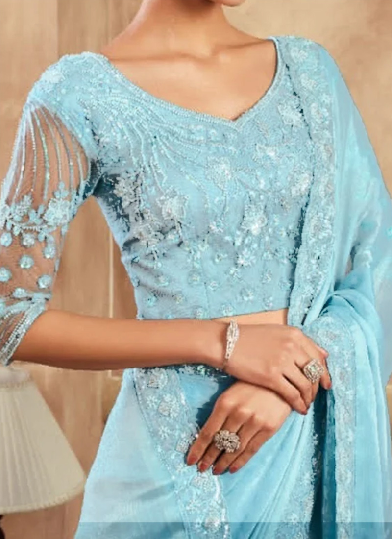 Sky Aqua Chiffon Shimmer Embroidered Saree with Fall & Pico Fully Stitched Blouse main image 1