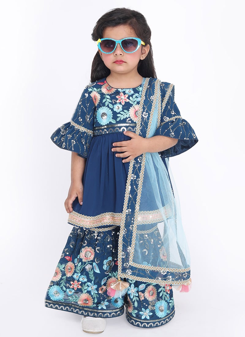 Faux Georgette Embroidered Kids Girls Sharara Suit With Round Neck And Half Sleeve Party Wear