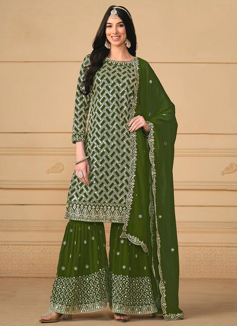 Bottle Green Faux Georgette Pakistani Sharara Suit