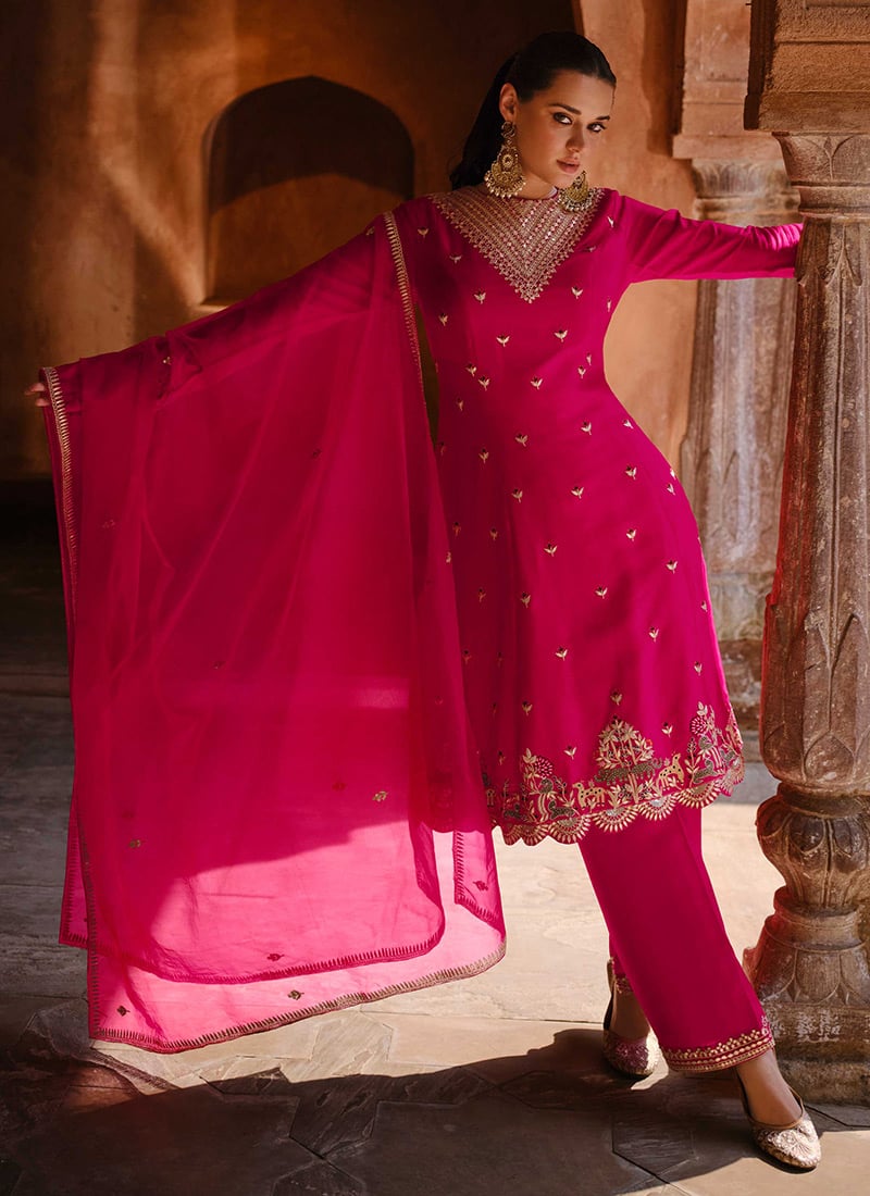 Faux Chinnon Embroidered Palazzo Suit
