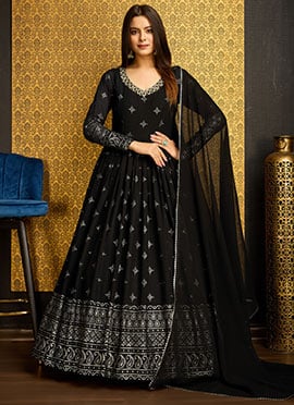Faux Georgette Foil Print Black Anarkali Gown