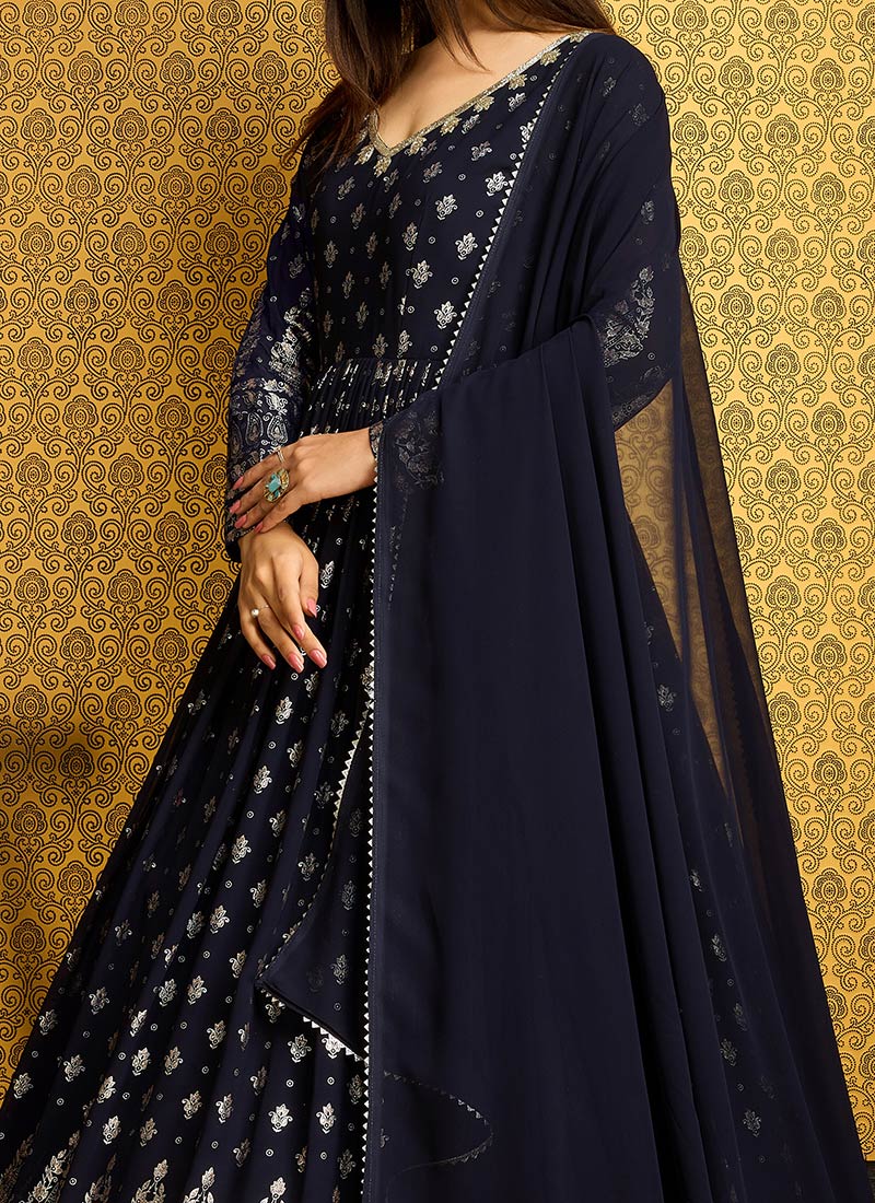 Foil Print & Crystal Embellished Anarkali Gown with Accordian Pleats